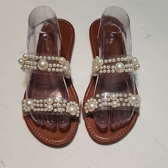 Pearl Embellished Clear Sandals, Size 43/11.5 - Picture 1 of 10